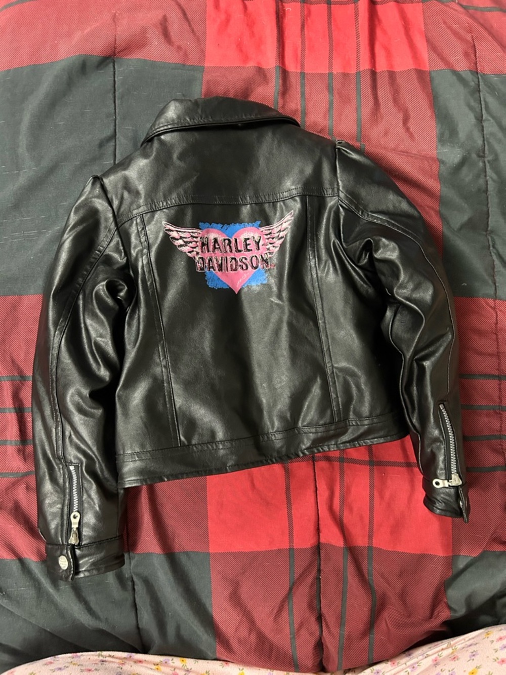 Harley-Davidson Black Kids Leather Jacket with Pink & Blue Heart Patch